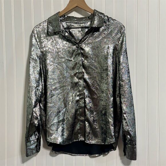 Evereve Cloth & Stone Silver Metallic Button Shirt M Cyber Y2K Disco Glam Foil - Picture 2 of 9